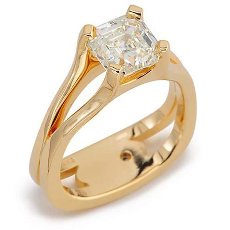 Interlace Square Emerald Cut Diamond and Yellow Gold Ring