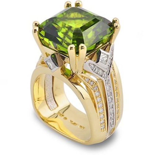 Deco Peridot and Diamond Green Gold and Platinum Ring