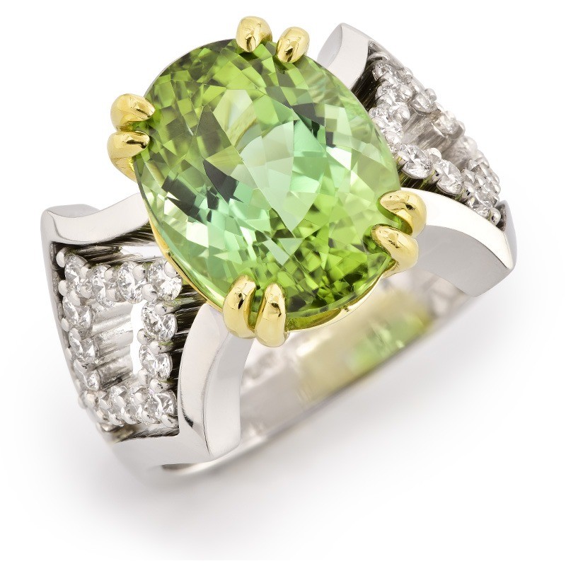 Deco Green Tourmaline and Diamond Gold and Platinum Ring