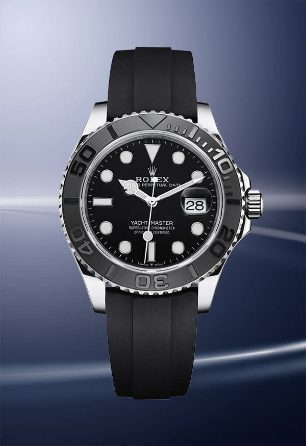 Created from 18ct white gold, the new Rolex Yacht-Master 42 features a black lacquer dial and an Oysterflex bracelet. #Rolex #YachtMaster #Baselworld2019