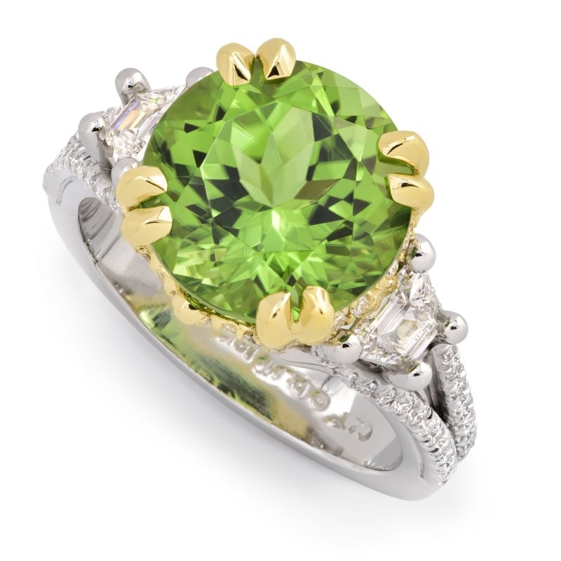 Deco Peridot and Diamond Platinum Ring