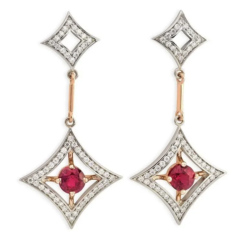 Diamond-shaped drop earrings in white and rose gold with vibrant red gemstones.