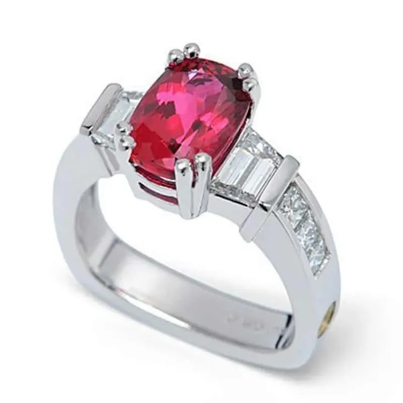 Classique Cushion Cut Spinel and Diamond Platinum Ring featuring a red spinel, baguette diamonds, and Paragon band.